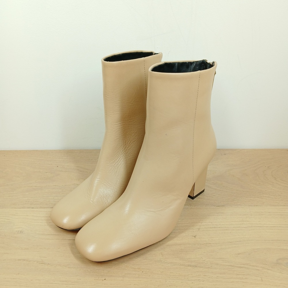 Zara Ankle Boots Womens 6.5 Beige Leather Block Heel Minimalist Office Core